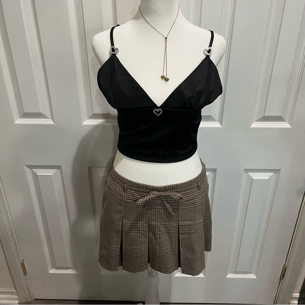 Forever 21 Black Satin Crop Tank Top Y2K Rhinestone Heart Cami Large